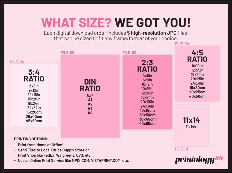 Puede incluir: Gr&aacute;fico rosa con el texto "WHAT SIZE? WE GOT YOU!" y una descripci&oacute;n de los diferentes tama&ntilde;os de archivo y proporciones para descargas digitales. Los tama&ntilde;os de archivo se enumeran en pulgadas y cent&iacute;metros. El texto "PRINTING OPTIONS:" se enumera con vi&ntilde;etas de opciones de impresi&oacute;n. El texto "printologyxo" est&aacute; en la parte inferior del gr&aacute;fico.