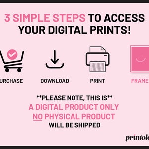 Puede incluir: Un gr&aacute;fico rosa y negro con tres sencillos pasos para acceder a las impresiones digitales: comprar, descargar e imprimir. El texto **PLEASE NOTE, THIS IS** A DIGITAL PRODUCT ONLY NO PHYSICAL PRODUCT WILL BE SHIPPED tambi&eacute;n est&aacute; incluido. El gr&aacute;fico es de printologyxo.