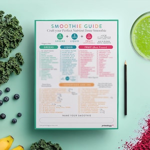 May include: A rectangular smoothie guide chart with a teal border, featuring the title SMOOTHIE GUIDE and sections for greens, liquids, and fruits. The chart includes checkboxes for ingredients, a superfoods list, and a space to name your smoothie.