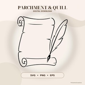 Pergamentrolle (SVG), leere Schriftrolle mit Federkiel, Vintage-Papier-Cliparts, mittelalterliche Schriftrolle (PNG, EPS)
