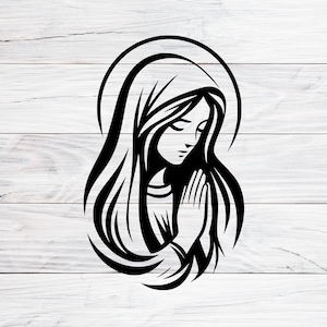 May include: Black and white line art illustration of a woman with long hair, wearing a robe and praying with her hands clasped together. She is surrounded by a halo.