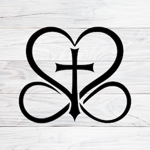 May include: Black graphic design featuring a cross within a heart shape, intertwined with an infinity symbol. The design is set against a white wooden background, creating a contrast between the dark symbol and the light backdrop.
