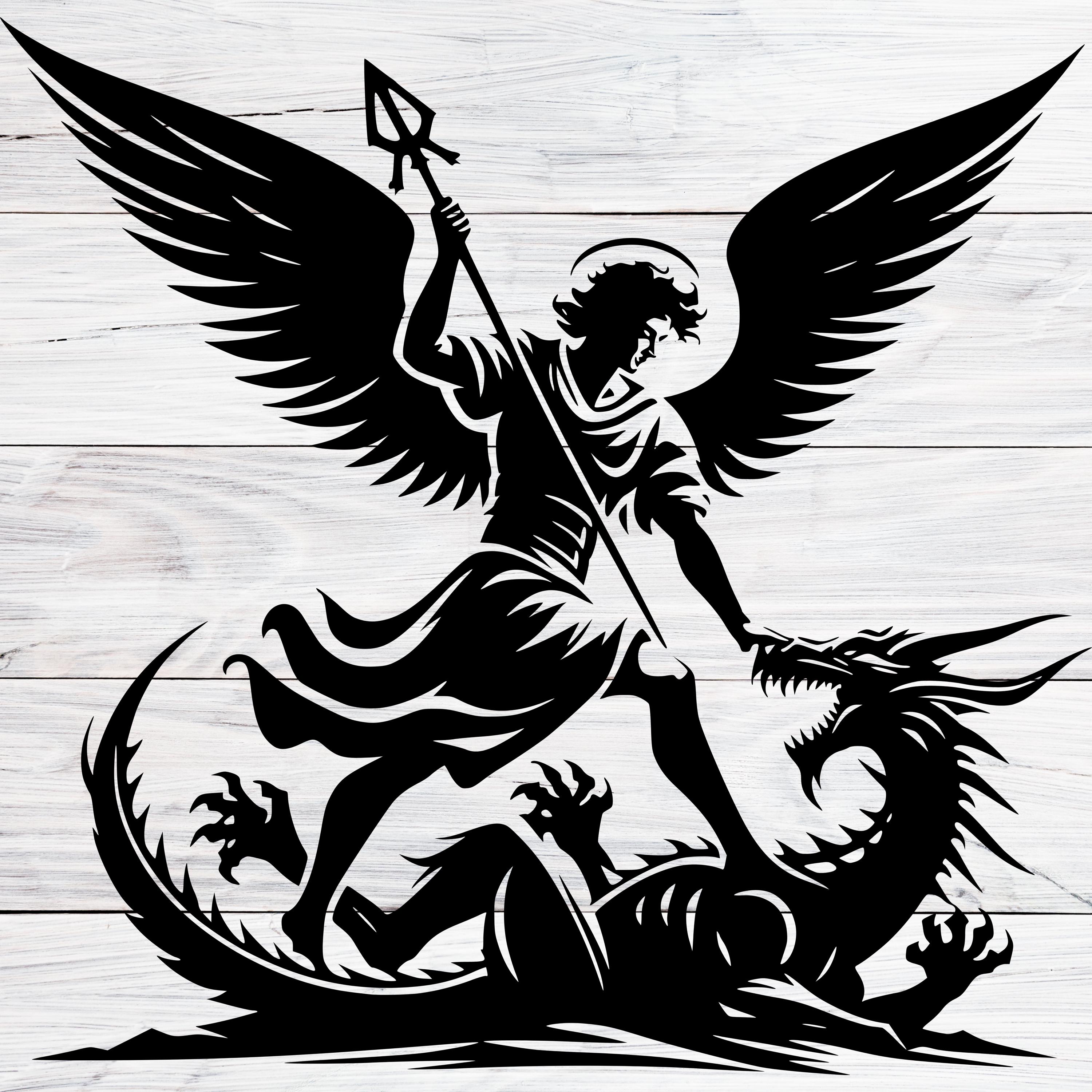 聖ミカエル アイコン 銅板 大天使ミカエルがドラゴンを退治するSVG PNG DXF、聖ミカエルの