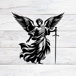 May include: A black and white illustration of an angel with large wings, holding a sword. The angel is depicted in flowing robes, with a serene expression. The artwork is set against a white wooden background.
