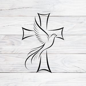Może przedstawiać: Czarna grafika liniowa przedstawiająca stylizowanego gołębia w locie na tle krzyża chrześcijańskiego. Projekt składa się z czystych, płynnych linii, które definiują kształt ptaka i krzyża, umieszczonych na białym tle.
