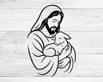 May include: Black and white line art illustration of a religious figure holding a lamb. The figure has a beard and is wearing a robe. The lamb is nestled in the figure's arms. The background is a white wood grain.