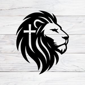 May include: Black lion head silhouette with a cross incorporated into the mane. The lion is facing right, with detailed fur and a closed eye. The background is a white wooden plank surface.