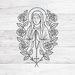 Virgin Mary with Rosary Outline: SVG, PNG, JPG (Digital Download)