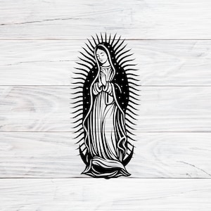 May include: Black and white illustration of a religious figure, with hands clasped in prayer. The figure is surrounded by a radiant halo, and the image has a minimalist, graphic style. The background is a white wooden surface.