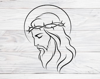 Jesus Face SVG PNG EPS, Crown of Thorns Design, Christian Vector, Minimalist Jesus Line Art, Religious Cut File for Cricut & Silhouette