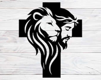 Lion of Judah and Jesus Cross Silhouette Svg, Png, Jpg, Christian Wall Art