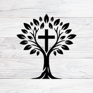 May include: Black silhouette of a tree with a cross in the center. The tree's branches and leaves frame the cross, creating a symbolic representation. The background is a white wooden plank design.