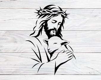 Jesus Christ With Lamb SVG PNG DXF, Good Shepherd Christian Design, Religious Cut File for Cricut, Savior With Sheep Vector Download