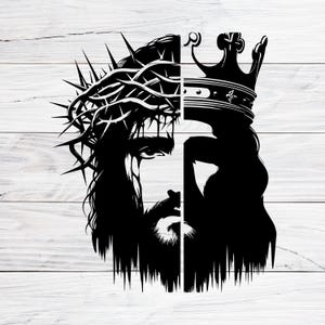 Jesus Christ with Crown of Thorns & King Crown, Christian Symbol of Sacrifice and Glory, Faith Based Design, Digital Download Svg, Png, Jpg