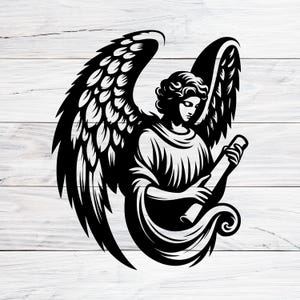 Puede incluir: Ilustración en blanco y negro de un ángel con grandes alas sosteniendo un rollo. El ángel está representado con una túnica fluida y una expresión seria.