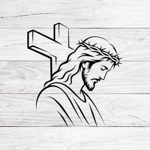 May include: A black and white line drawing of Jesus with a crown of thorns, his head bowed, and a cross in the background. The image is set against a white wood-grain background.