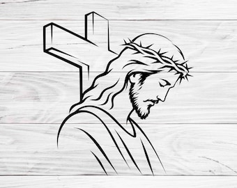 Jesus Christ Cross SVG PNG PDF, Christian Line Art Cut File, Crown of Thorns Messiah Face, Religious Cricut Vector, Minimalist Son of God