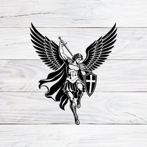 Archangel Michael SVG PNG DXF, St Michael Angel Warrior Sword, Christian Religious Clipart, Guardian Angel Wings Design, Tattoo Style Vector