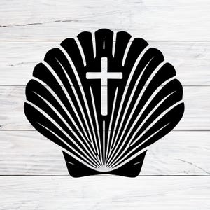 May include: Black and white silhouette of a seashell with a white cross in the center.