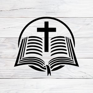 May include: Black and white graphic of an open book with a cross above it, enclosed in a circle. The book's pages are detailed with horizontal lines, and a ribbon bookmark hangs from the bottom. The design is set against a white wood grain background.
