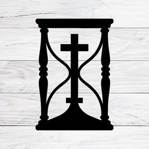May include: Black silhouette of an hourglass shape with a cross in the center. The hourglass has a decorative top and base, with curved sides and vertical supports. The background is a white wood grain.