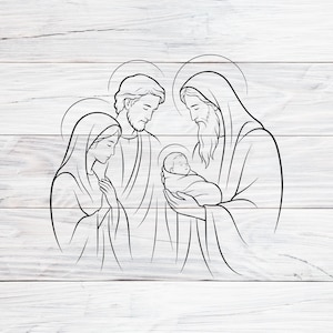 May include: A black and white line drawing of the Holy Family: Mary, Joseph, and baby Jesus, each with a halo. The image is set against a white wood-grain background.