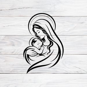 Può includere: Illustrazione in bianco e nero di una madre che tiene in braccio un bambino. La madre è raffigurata con un'aureola e il bambino è tra le sue braccia. L'immagine è su uno sfondo bianco con venature del legno.