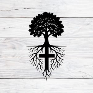 May include: A black silhouette of a tree with roots forming a cross. The tree's branches are full and leafy. The image is set against a white, wood-grain background.