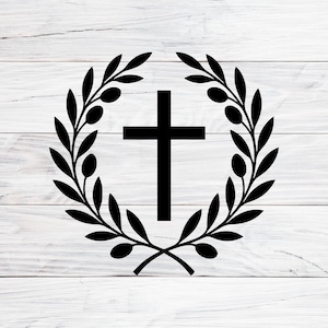 May include: A black cross is centered within a wreath of olive branches and olives. The design is set against a white, wood-grain background. The image is a simple, elegant representation of faith and nature.