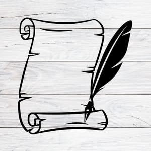 May include: A black and white illustration featuring a rolled scroll and a quill pen. The scroll is partially unrolled, and the quill is positioned as if writing. The design is a simple, graphic representation.