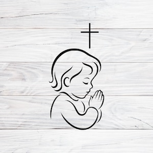 Enfant priant dessin au trait Svg, symbole de la croix chrétienne, foi minimale Clipart Svg, Png, Jpg