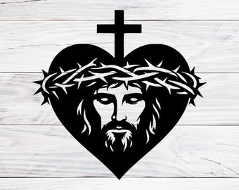 Sacred Heart of Jesus Svg, Png, Dxf, Eps, Tee Graphics Sacred Heart, Heart Cross with Crown of Thorns Svg, Jesus Thorn Heart Shape Clipart