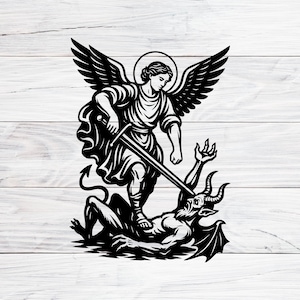 Puede incluir: Ilustración en blanco y negro de un ángel alado, con halo, empuñando una espada sobre un diablo. El diablo, con cuernos, cola y alas de murciélago, está en el suelo. El ángel viste una túnica fluida.