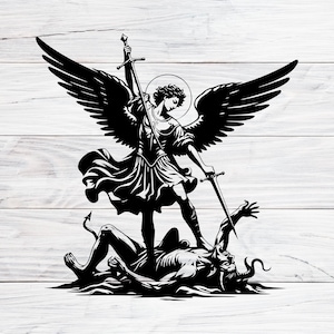 Puede incluir: Una ilustración en blanco y negro de un ángel con alas, sosteniendo una espada, de pie sobre un demonio caído. El ángel lleva una túnica fluida y tiene un halo. El demonio está tendido de espaldas con los brazos extendidos.