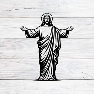 May include: Black and white illustration of a figure with outstretched arms, wearing draped robes and a halo. The image is a silhouette, set against a white wooden background.