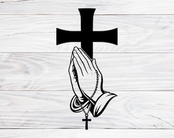 Biddende handen met kruis Svg, Dxf, Png, Jpg, religieus gebed Clipart, geloof rozenkrans ontwerp, christelijke afbeelding voor Cricut silhouet downloaden