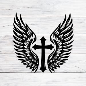 Cruz con alas de ángel SVG, crucifijo cristiano con alas PNG DXF, archivo de corte religioso, diseño de tatuaje de fe, archivos de grabado láser Cricut