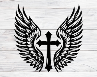Angel Wings Cross Svg, Christian Crucifix with Wings PNG DXF, Religious Cut File, Faith Tattoo Style Design, Cricut Laser Engraving Files