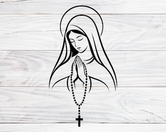 Virgin Mary in Prayer Svg, Png, Eps, Blessed Mother Rosary Clipart, Catholic Religious Line Art, Christian Graphic for Cricut Silhouette