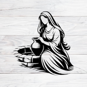 Mujer samaritana en el pozo (Svg, Png, Jpg), arte lineal cristiano, ilustración de las Escrituras de Jesús, diseño de arte mural religioso para impresión en Cricut