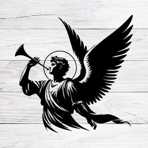 Può includere: Illustrazione in bianco e nero di un angelo che suona una tromba. L'angelo ha grandi ali e un'aureola. L'immagine è ambientata su uno sfondo di venature del legno bianco.