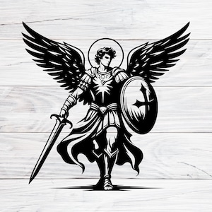 Könnte beinhalten: Schwarz-weiß-Illustration eines Engels mit Flügeln, der ein Schwert und einen Schild hält. Der Engel trägt eine Rüstung und ein fließendes Gewand.