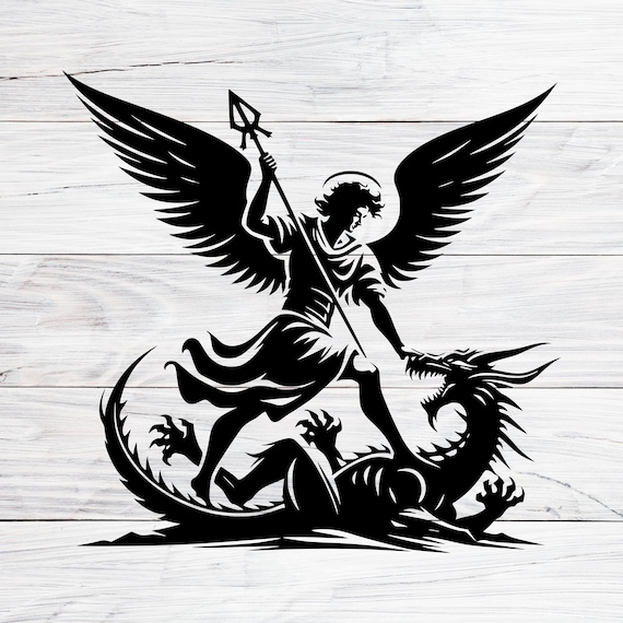 大天使ミカエルがドラゴンを退治するSVG PNG DXF、聖ミカエルの