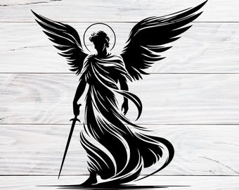 Archangel Michael SVG PNG DXF, Saint Michael Angel Wings Silhouette, Guardian Angel Sword Cut Files, Christian Defender Vector for Cricut