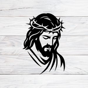 May include: A black and white graphic depicting a religious figure wearing a crown of thorns. The figure has long hair and a beard, with a calm expression. This image is a graphic design, suitable for a decal or print.