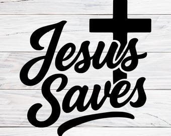 May include: Black text on a white wooden background reads "Jesus Saves" with a cross. The words are in a cursive font, and the cross is a solid black shape.