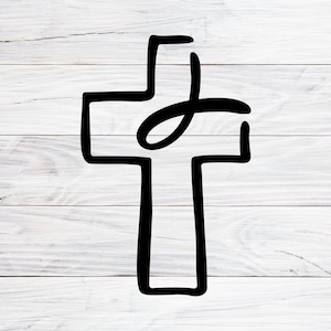 Könnte beinhalten: Ein schwarzes Kreuz mit einem stilisierten Buchstaben J im Kreuz, auf einem weißen Holzgrund.