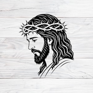 May include: Black and white illustration of a man with long hair, a beard, and a crown of thorns. The image is a profile view, set against a white wood-grain background. The man's expression is solemn.