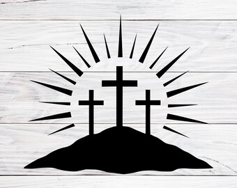 Crosses on Hill Svg, Png, Dxf, Three Crosses on Calvary Hill Vector, Christian Resurrection Scene Svg, Risen from the Dead Design for Cricut