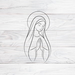 Contorno da Virgem Maria em SVG, PNG e JPG, Arte Linear de Maria em Oração, Clipart da Madona Católica, Ilustração da Virgem Maria, Gravação a Laser da Virgem Maria